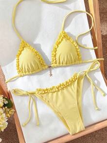 Elavelle Spring/Summer Women's Solid Color Halter Neck Ruffle Bikini Set - Yellow - View 4