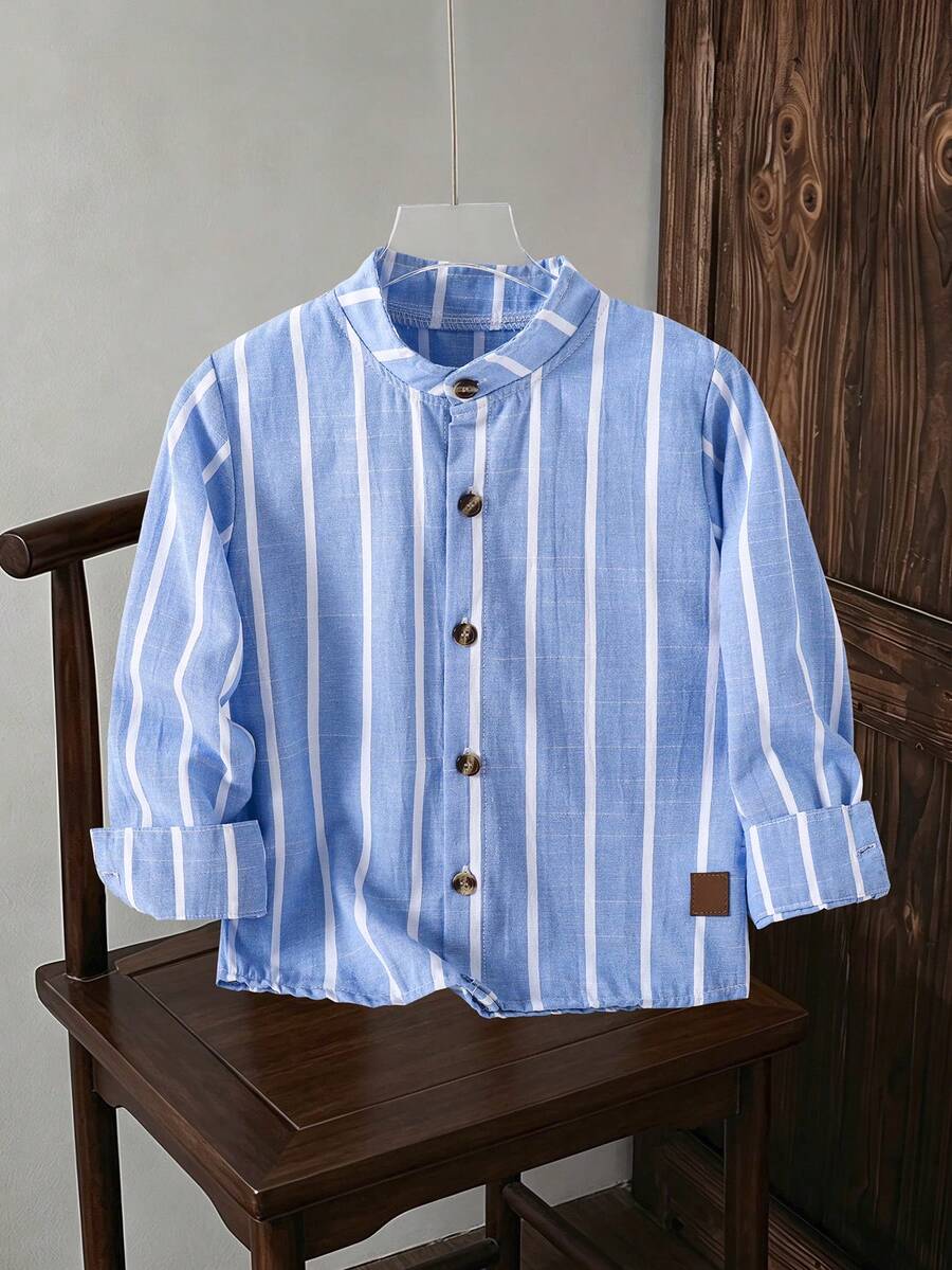 Young Boy Striped Single-Breasted Casual Versatile Shirt - Blue - View 1