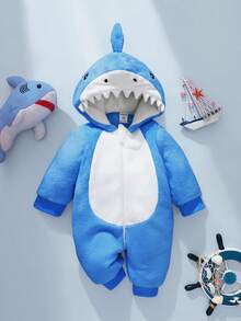 SHEIN 新生兒鯊魚造型套裝，可愛毛絨鯊魚造型3D針織帽，刺繡鯊魚圖案長袖連身衣，適合嬰兒秋季穿著 - 藍色 - 查看 3