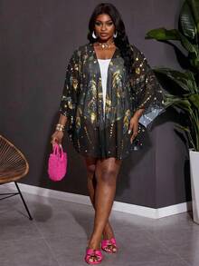 SHEIN CURVE+ Talla Grande Cubierta Transparente con Estampado de Plumas para Vacaciones en la Playa - Multicolor - Ver 5