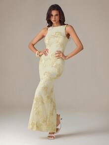 SHEIN Tall 純色黃色紋理提花無袖修身洋裝，適合早午餐、婚禮賓客、雞尾酒會、度假海灘洋裝，黃色婚禮賓客洋裝，優雅女款洋裝，黃色正式洋裝 - 黃色 - 查看 3