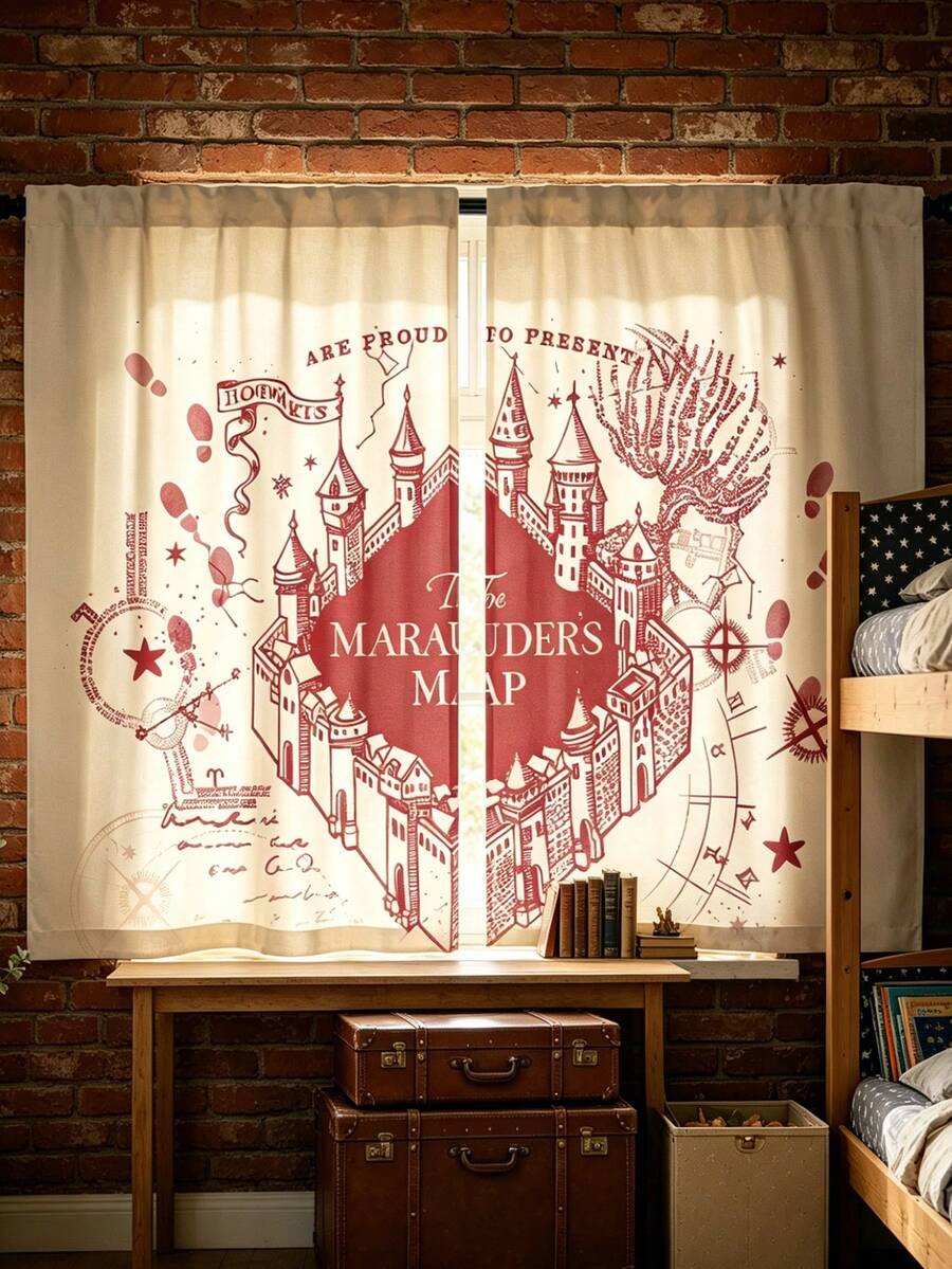 HARRY POTTER X SHEIN 2 Piece, Castle Letter Pattern Printing 2 Panel Small Curtains, Suitable For Living Room, Bathroom, Kitchen, Coffee Room, RV Rod Pocket Curtain Decoration, Universal Small Curtain Curtain Curtain In All Seasons - multicolor - View 1