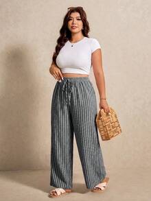 Elaquor Plus Size Women's Drawstring Waist Striped Pattern Loose Versatile Long Pants - Black - View 6