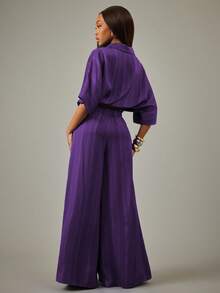 NYA SZN Conjunto a juego con top con cremallera y pantalón de pierna ancha a rayas - Morado - Ver 2