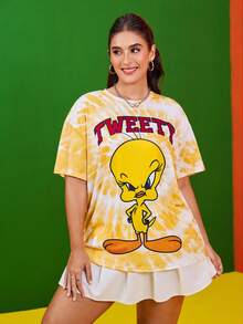 LOONEY TUNES X SHEIN Plus Size Tie-Dye & Cartoon Graphic Round Neck Short Sleeve T-Shirt - Yellow - View 4