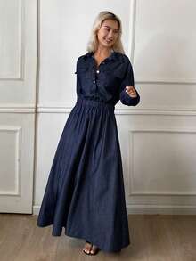 DAZY Summer Autumn Collared Cinched Waist Long Sleeve Solid Color Women's Denim Dress - Blue - View 4