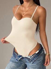 SHEIN PETITE Women's Solid Color Sexy Fashion Camisole Bodysuit ,Petite Women - Apricot - View 4