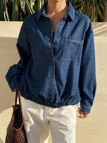 Livesso Turn-Down Collar Large Pocket Loose Women's Denim Jacket And Coat Everyday Navy Blue Autumn Casual Vacation - Blue - View 3