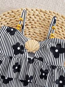 SHEIN Baby Girl Metal Shell Decor Floral Print Striped Color Block Cami One-Piece Swimsuit - Multicolor - View 7