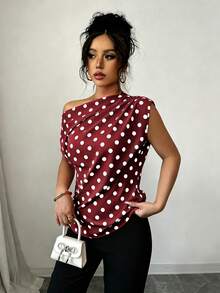 SHEIN Elenzya 白色波點不對稱單肩露肩無袖女式襯衫，優雅復古通勤辦公室外出夏季上衣 - 酒紅色 - 查看 7