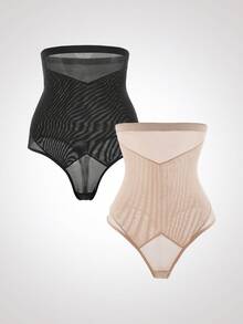 SHAPORA 2件装女士纯色高腰撞色网眼塑身衣 - 彩色 - 查看 3