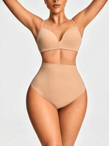 SHAPORA Women Solid Color Mesh Splice High Waist Shapewear - Apricot - View 3