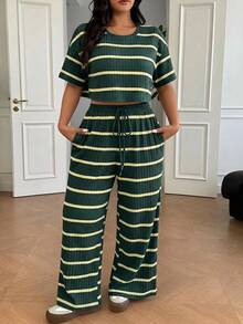 Solflare Plus Size Summer Dark Green T-Shirt And Long Pants Casual Medieval 2 Pieces Set Vacation - Dark Green - View 5