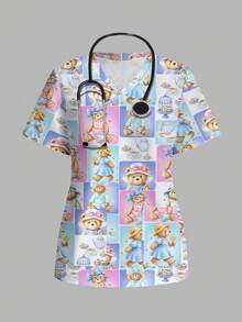 PopScrub Women's Scrub Cute Bear Print Pattern, Suitable For Children, Pet Hospital Top - Multicolor - View 7