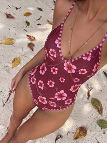 Swim Vcay 2026 New Pink Floral Print Adjustable Shoulder Strap Camisole One-Piece Swimsuit, Sexy Tropical Slimming Backless Triangle Racing Bikini, Summer Beach - Multicolor - View 2
