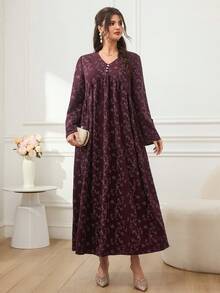 Al Najma Women's Floral Pattern V-Neck Button Decor Long Sleeve Arabian Dress - Multicolor - View 4