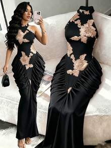Modelyn Brown Mesh Jacquard Embroidered Backless Halter Neck Slim Fit Ruched Gathered Design Fashionable Elegant Long Dress - Black and Gold - View 1