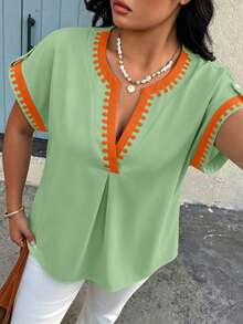 Weeklong Plus Size Women's Notch V-Neck Contrast Color Casual Versatile Daily Outing Shirt - Multicolor - View 4