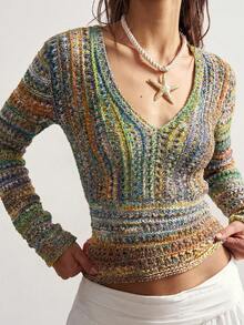 Bohemela Women's V-Neck Long Sleeve Colorblock Fashion Knit Top - Multicolor - View 3