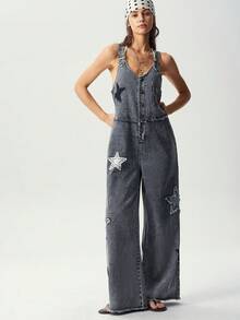 Bohemela Summer Casual Loose Dark Grey 90% Cotton Snow Washed Five-Pointed Star Applique Embroidered Loose Denim Overalls - Multicolor - View 3