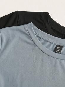 SHEIN EZwear 霧藍色大尺碼純色套裝 2件短袖上衣 + 2件及膝短褲 4件組 - 霧霾藍 - 查看 7