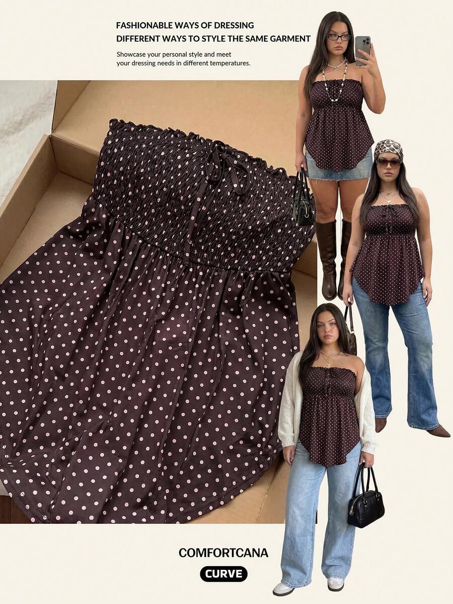 Comfortcana Atasan Bandeau Putih Ukuran Plus Motif Jacquard Berlubang Renda Musim Semi/Panas, Bagian Depan Bertali dengan Hiasan Ruffle, Hem Asimetris, Cocok untuk Liburan dan Suasana Unik. - Coklat - View 1