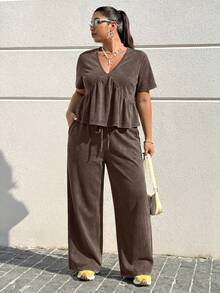 Muchica Chocolate Brown Plus Size Women 2 Pieces Set, Spring/Summer - Chocolate Brown - View 4