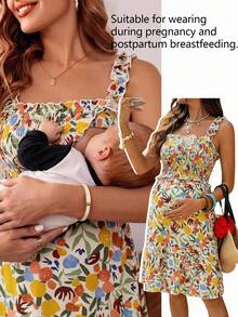 SHEIN 哺乳款褶皱无袖印花夏季连衣裙 - 彩色 - 查看 1
