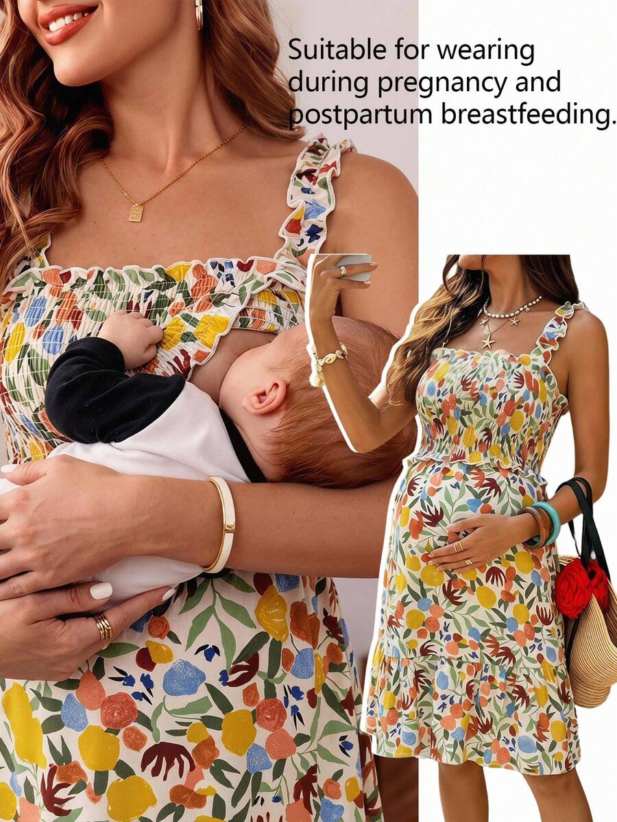 SHEIN 哺乳款褶皱无袖印花夏季连衣裙 - 彩色 - 查看 1