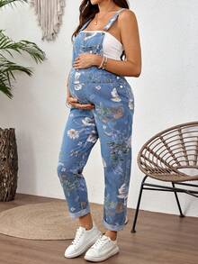 SHEIN 孕妇花卉图案口袋设计休闲牛仔背带裤 - 藍色 - 查看 7