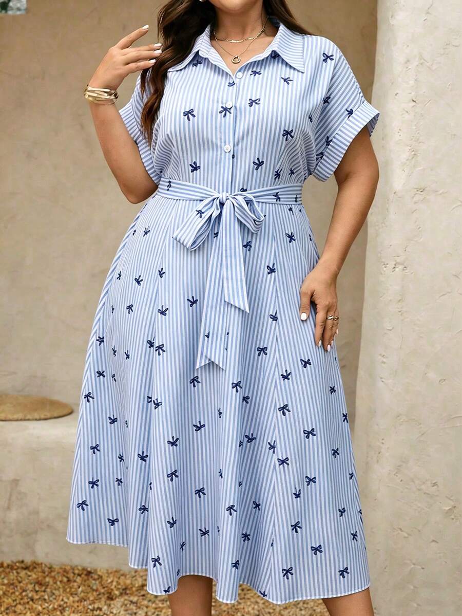 EMERY ROSE Plus Size Pink & White Striped Bow Print Button-Down Shirt Style Cinched Waist Flared Midi Dress, Elegant Casual Everyday Vacation Date Dress - Blue - View 1