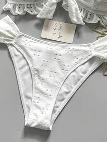 Swim Vcay Spring/Summer Solid Color Strap Jacquard Fabric Wireless Bow Decor Cute Beach Vacation Swimwear Set - White - View 3