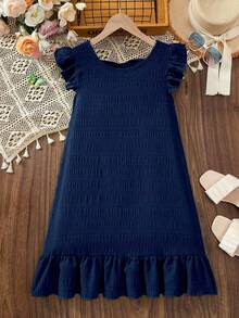 Sparklyn Tween Girls Spring/Summer Vacation Beach Tropical 3D Bow Round Neck Sleeveless Ruffle Flutter Sleeve Sweet Spring Style Midi Dress - Navy Blue - View 2