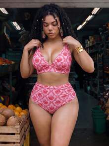 Swim Mod 2026 New Summer Plus Size Women 2pcs Random Print High Waist Triangle Bikini Bottom Ruched Casual Swimsuit Set - Pink - View 1