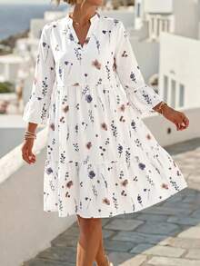 SHEIN Clasi Women's Floral Print Ruffle Hem Fashion Vacation Dress Vacation White And Blue Floral Autumn Boho - Multicolor - View 2
