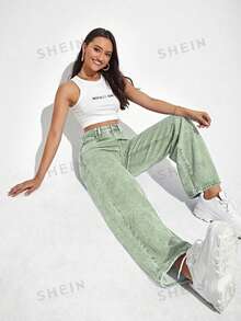 SHEIN ICON 女士休閒日常百搭直筒牛仔褲 - 軍綠色 - 查看 4