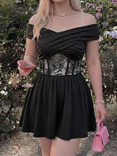 SHEIN MOD Đồ liền thân thời trang nữ size lớn màu trơn trễ vai phối ren tương phản