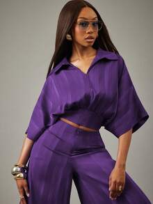 NYA SZN Conjunto a juego con top con cremallera y pantalón de pierna ancha a rayas - Morado - Ver 3