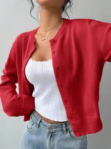 SHEIN PETITE CURVE 大尺碼女款素色長袖單排扣休閒針織開襟外套 - 紅色 - 查看 6