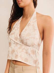 lacRébo White Embroidered Halter Wrap Top With Open Back, Side Tie Closure And Deep V Neckline Summer Holiday Vintage Cute Casual Top - White - View 3