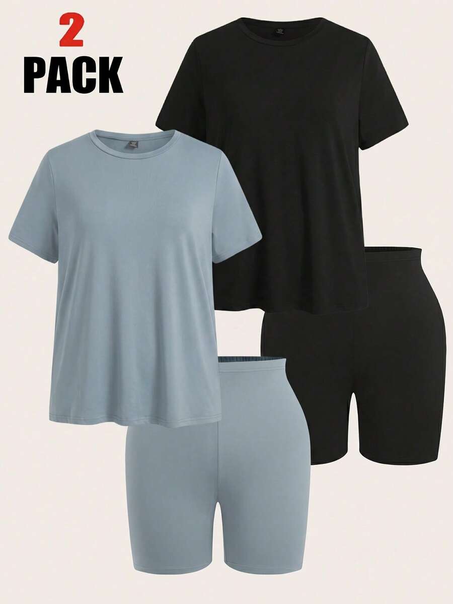 SHEIN EZwear 霧藍色大尺碼純色套裝 2件短袖上衣 + 2件及膝短褲 4件組 - 霧霾藍 - 查看 1