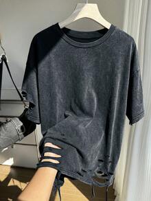 SHEIN EZwear 大尺碼女款純色落肩袖圓領破洞 T 恤 正式深色水洗 夏季 90 年代鄉村休閒 早午餐 演唱會 - 藏蓝色 - 查看 1