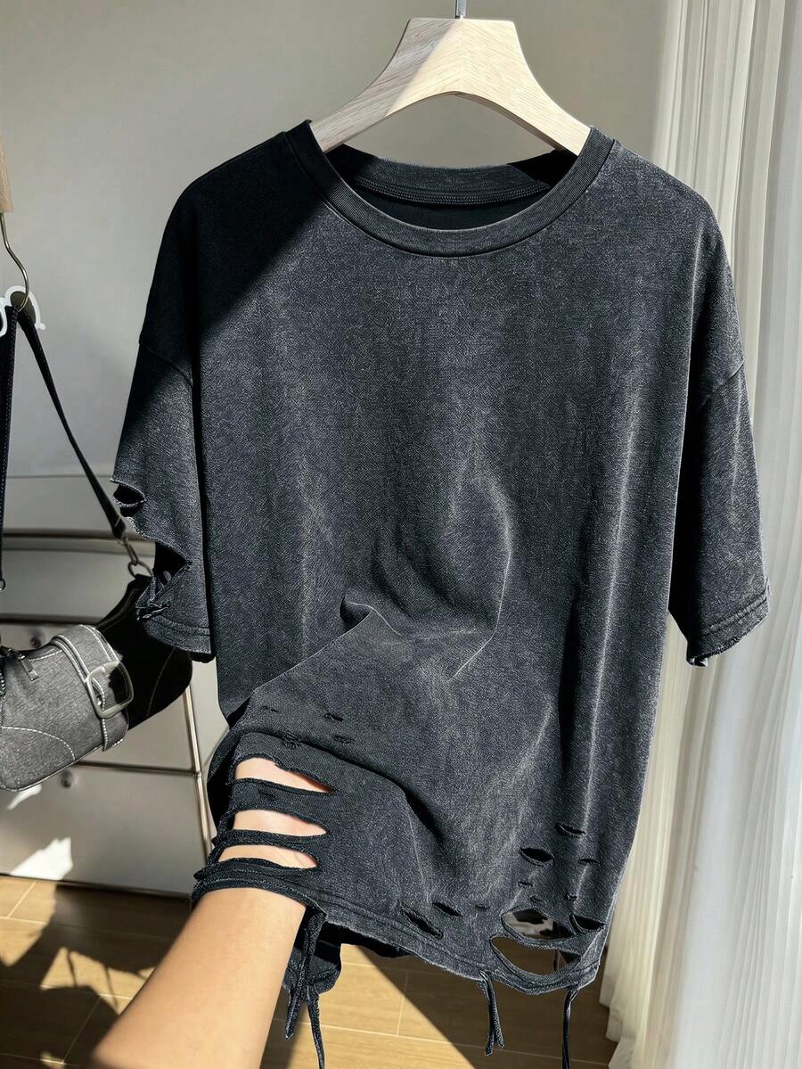 SHEIN EZwear 大尺碼女款純色落肩袖圓領破洞 T 恤 正式深色水洗 夏季 90 年代鄉村休閒 早午餐 演唱會 - 藏蓝色 - 查看 1