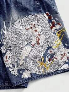 ROMWE MEN Pantalones cortos de mezclilla holgados con patrón bordado para hombres - Azul - Ver 2