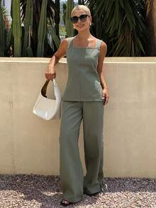 Livesso Square Neck Sleeveless Top Long Pants Women's Denim Set Vacation Sage Green Summer - Green - View 3
