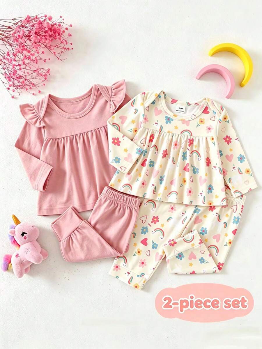 Conjunto de ropa de dormir casual para bebé recién nacido de unicolor con top de cuello redondo con volantes y pantalones largos para uso diario en el hogar - Rosa Pálido - Ver 1