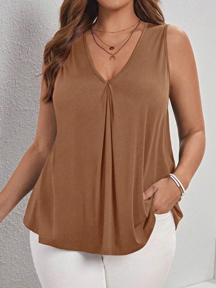 SHEIN LUNE Plus Size Women Solid Color Versatile Casual Pleated Tank Top - Brown - View 1