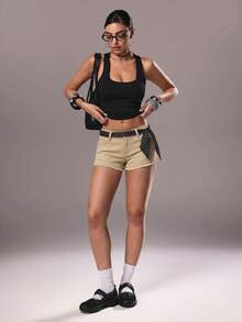TRNVIE Modische lässige Hot Girl Style Denim Shorts mit ausgefranstem Saum und niedriger Taille - Khaki - Übersicht 5