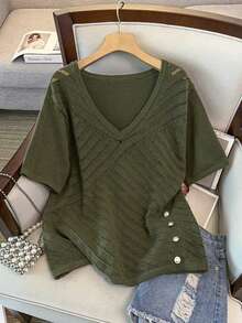 GlowEve CURVE Plus Size Casual Elegant Geometric Pattern Button V-Neck Knit Top Formal Morning Olive Green Summer - Green - View 1