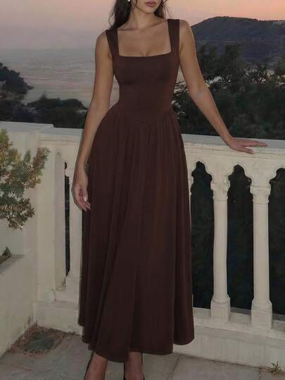 Flora Isola Flora Isola Vestido midi de punto elástico marrón oscuro con cuello cuadrado, cintura fruncida y falda acampanada, estilo vintage francés para uso diario